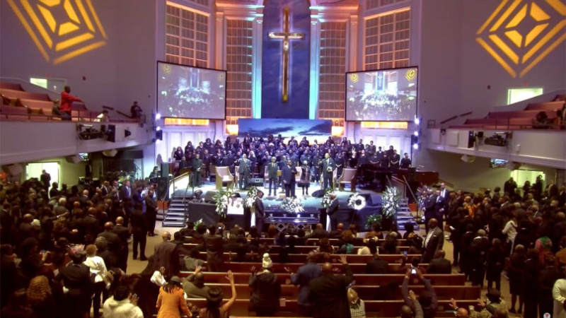A prayer is said near the end of the funeral service for Tyre Nichols at Mississippi Boulevard Christian Church on Wed., Feb. 1, 2023, in Memphis, Tenn. Video screen grab