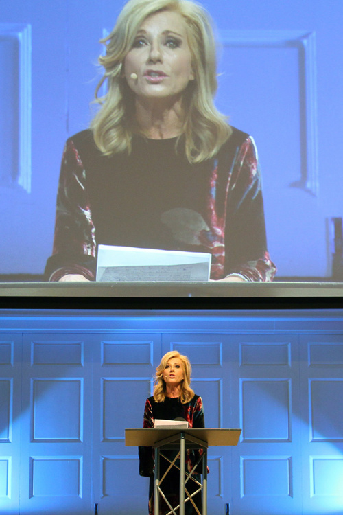 Beth Moore addresses attendees at the summit on sexual abuse and misconduct at Wheaton College on Dec. 13, 2018.