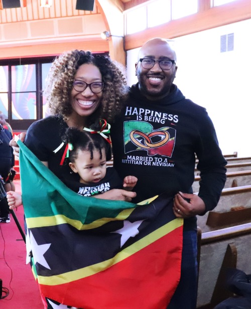 Brian and Janelle White and their daughter Eliana pose after the “Caribbean Sabbath” at Metropolitan Seventh-day Adventist Church in Hyattsville, Maryland, on Feb. 18, 2023. Janelle is from Nevis, part of St. Kitts and Nevis. RNS photo by Adelle M. Banks