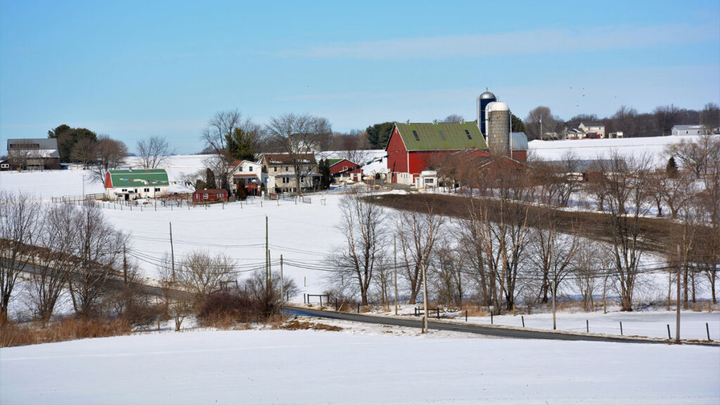 Snow covers a farm in Lancaster County, Pennsylvania.