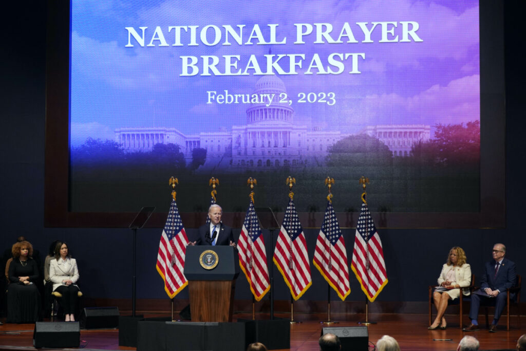 President Joe Biden speaks at the National Prayer Breakfast on Capitol Hill, Thursday, Feb. 2, 2023, in Washington. (AP Photo/Manuel Balce Ceneta)