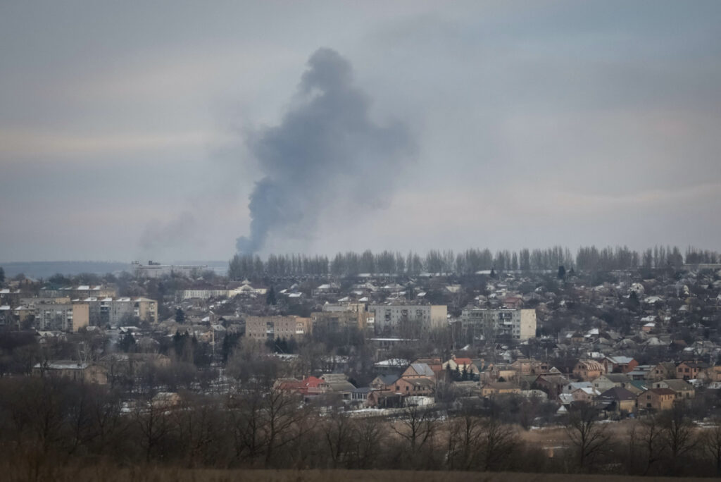 Smog is seen during shelling, amid Russia's attack on Ukraine, in the front line city of Bakhmut in Donetsk region, Ukraine February 9, 2023.