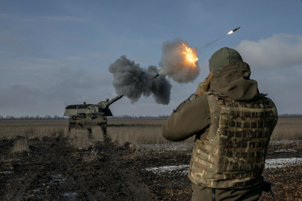 Ukrainian army from the 43rd Heavy Artillery Brigade fire the German howitzer Panzerhaubitze 2000, called Tina by the unit, amid Russia's attack on Ukraine, near Bahmut, in Donetsk region, Ukraine, February 5, 2023.