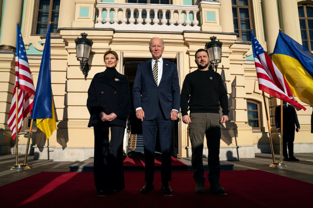 US President Joe Biden poses with Ukrainian President Volodymyr Zelenskyi and Olena Zelenska at Mariinsky Palace on an unannounced visit, in Kyiv, Ukraine, February 20, 2023.