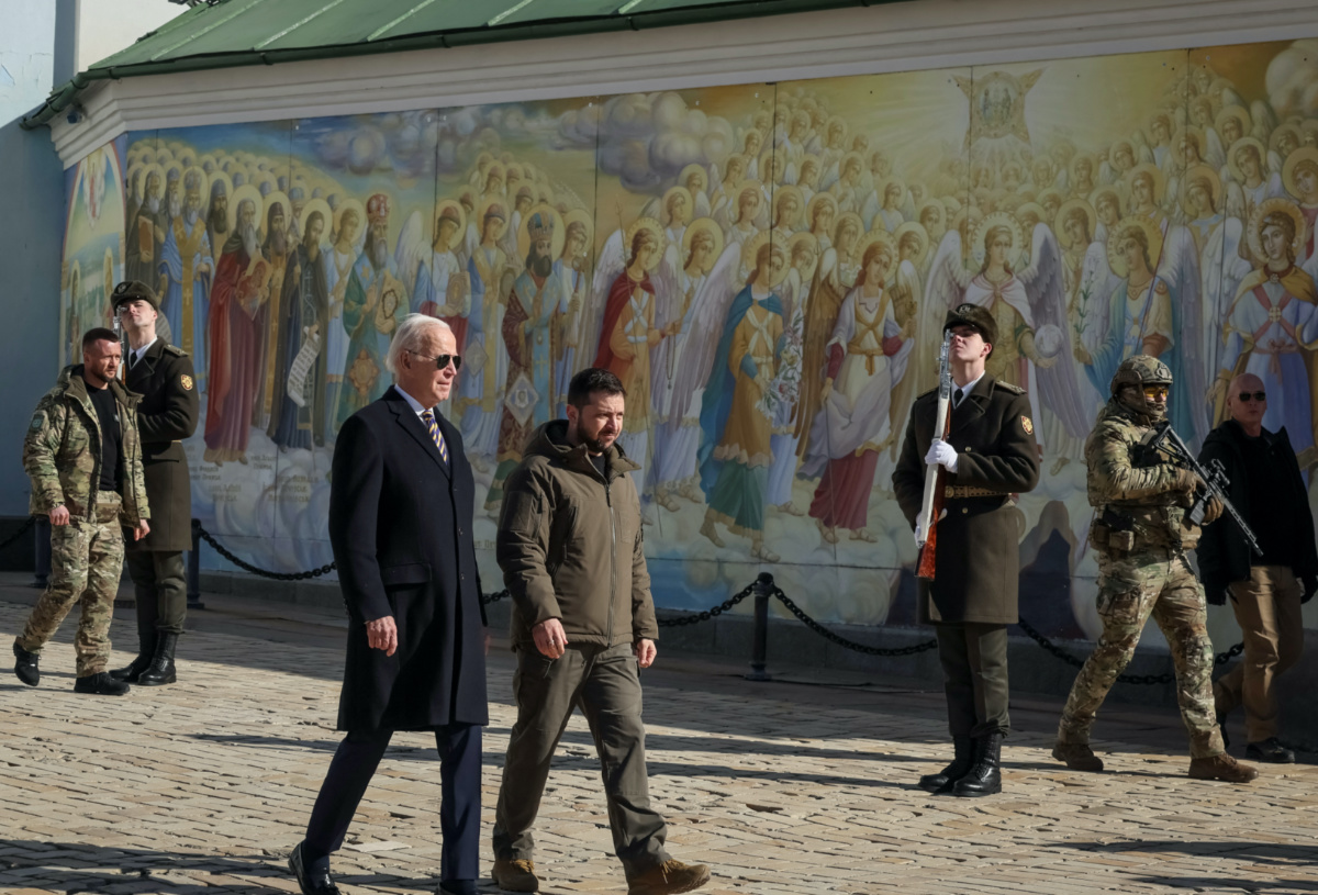 US.President Joe Biden and Ukraine's President Volodymyr Zelenskiy walk next to Saint Michael’s cathedral, amid Russia's attack on Ukraine, in Kyiv, Ukraine February 20, 2023. 