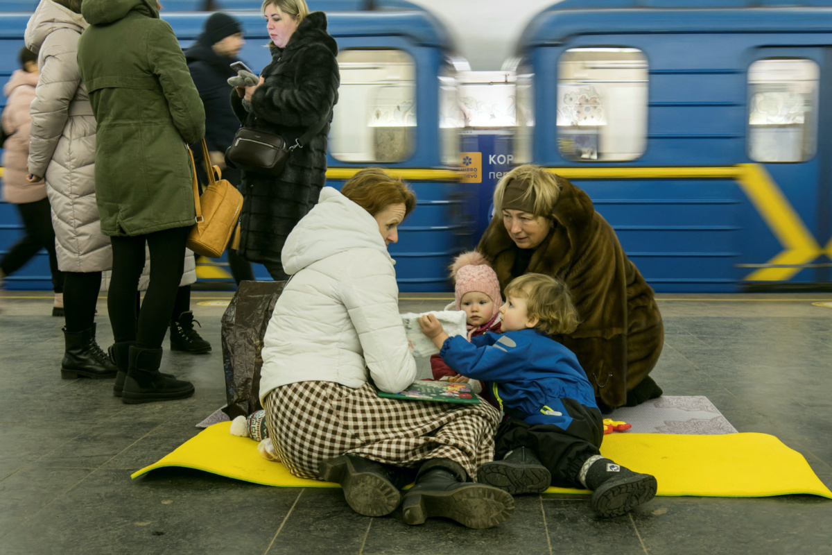 People take shelter inside a metro station during massive Russian missile attacks in Kyiv, Ukraine February 10, 2023. 