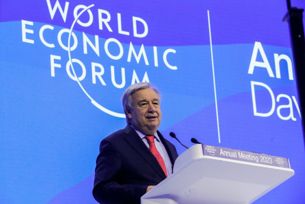 FILE PHOTO: United Nations Secretary-General Antonio Guterres addresses the World Economic Forum (WEF), in Davos, Switzerland, January 18, 2023. REUTERS/Arnd Wiegmann