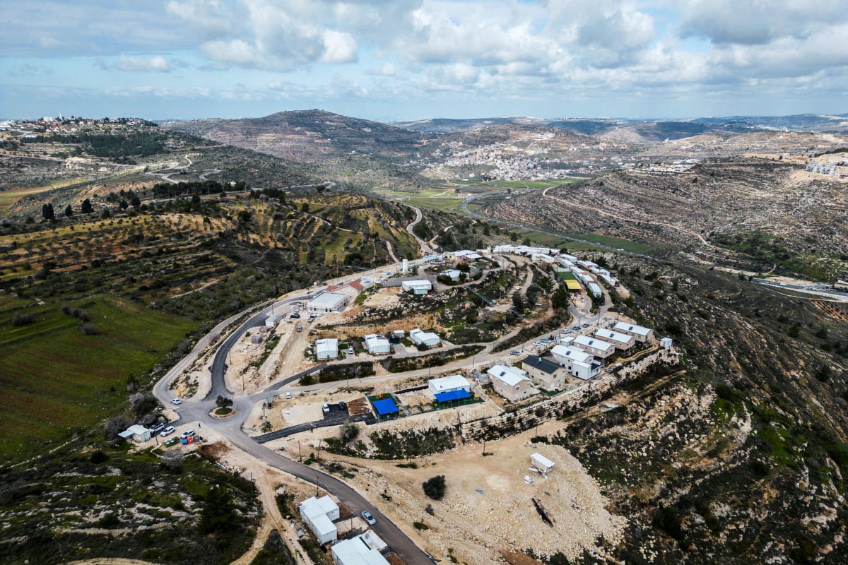 An aerial view shows mobile homes in the Jewish settlement of Givat Haroeh in the Israeli-occupied West Bank, February 21, 2023.