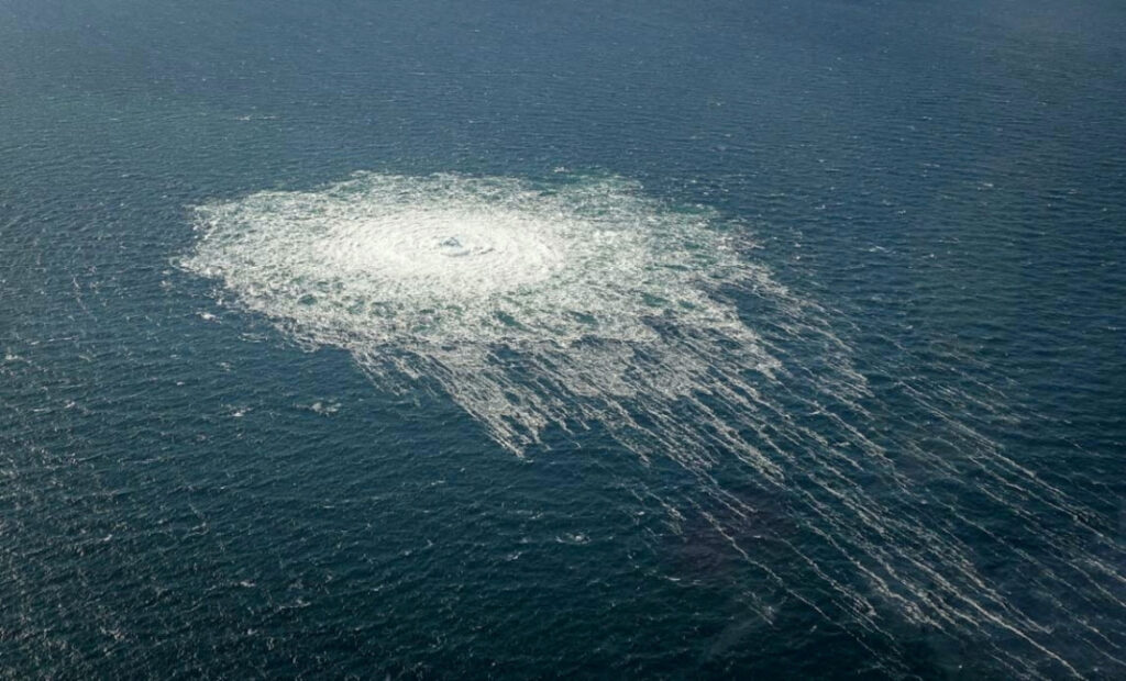 Gas bubbles from the Nord Stream 2 leak reaching surface of the Baltic Sea in the area shows a disturbance of well over one kilometre in diameter near Bornholm, Denmark, September 27, 2022.