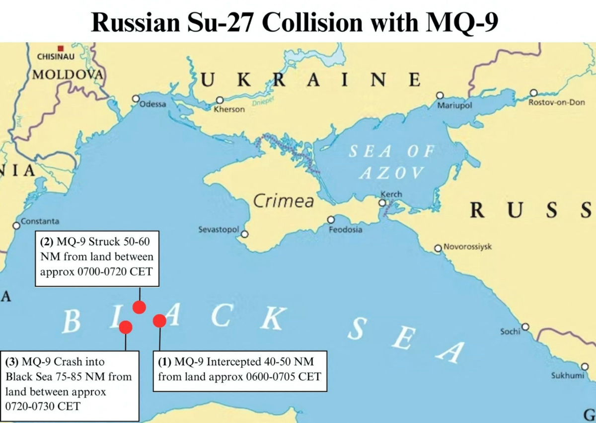 A map of the encounter between an unmanned U.S. MQ-9 drone and a Russian Su-27 jet over the Black Sea on March 14, 2023, is seen in this illustration released by the U.S. Department of Defense in Washington, U.S., March 16, 2023. 