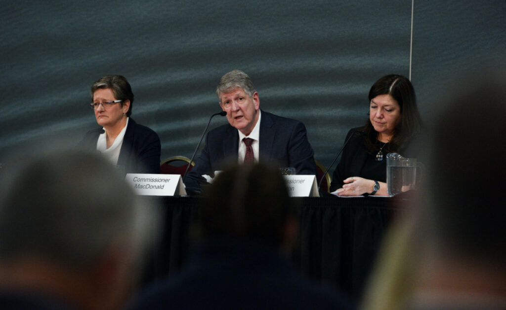 Commission chair Michael MacDonald, Commissioners Leanne Fitch and Kim Stanton address family, friends and the public as the Mass Casualty Commission delivers its final report into the April 2020 mass shootings, when a gunman who at one point masqueraded as a police officer caused country's worst mass shooting during a 12-hour rampage, in Truro, Nova Scotia, Canada, on 30th May 2023.