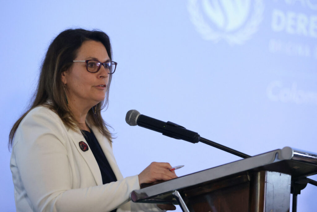 Juliette de Rivero, Representative in Colombia of the UN High Commissioner for Human Rights speaks during the presentation of the annual report of the United Nations High Commissioner for Human Rights on the situation of human rights in Colombia in Bogota, Colombia March 3, 2023.