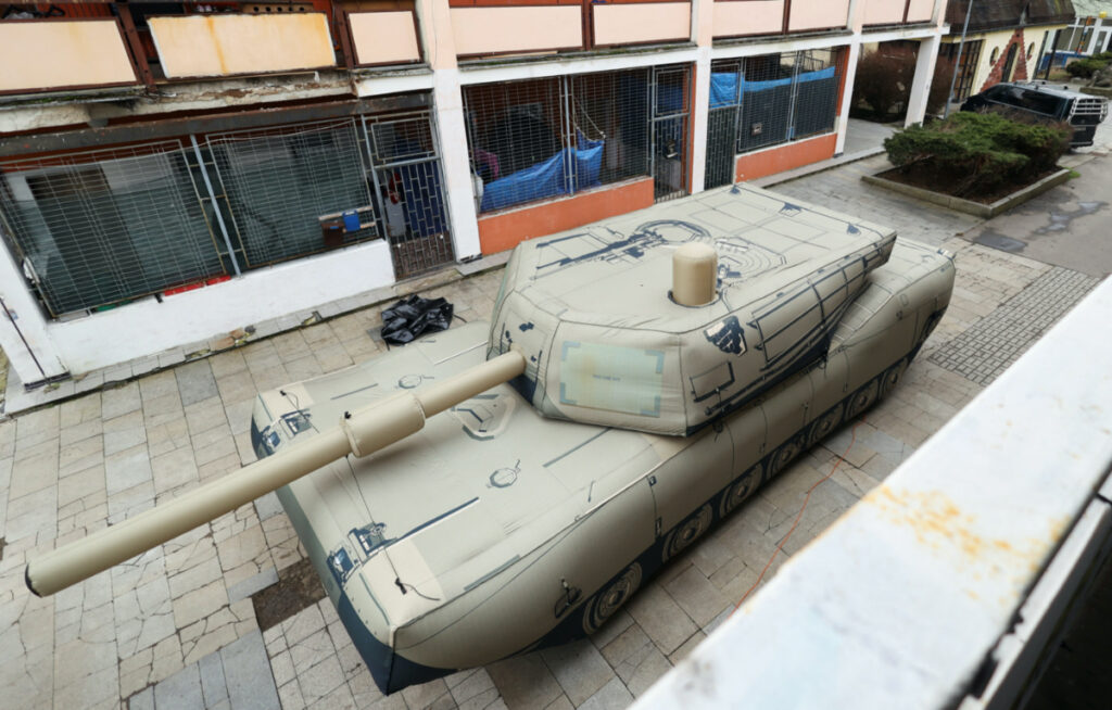 An inflatable decoy of a military vehicle is displayed during a media presentation in Decin, Czech Republic, March 6, 2023.