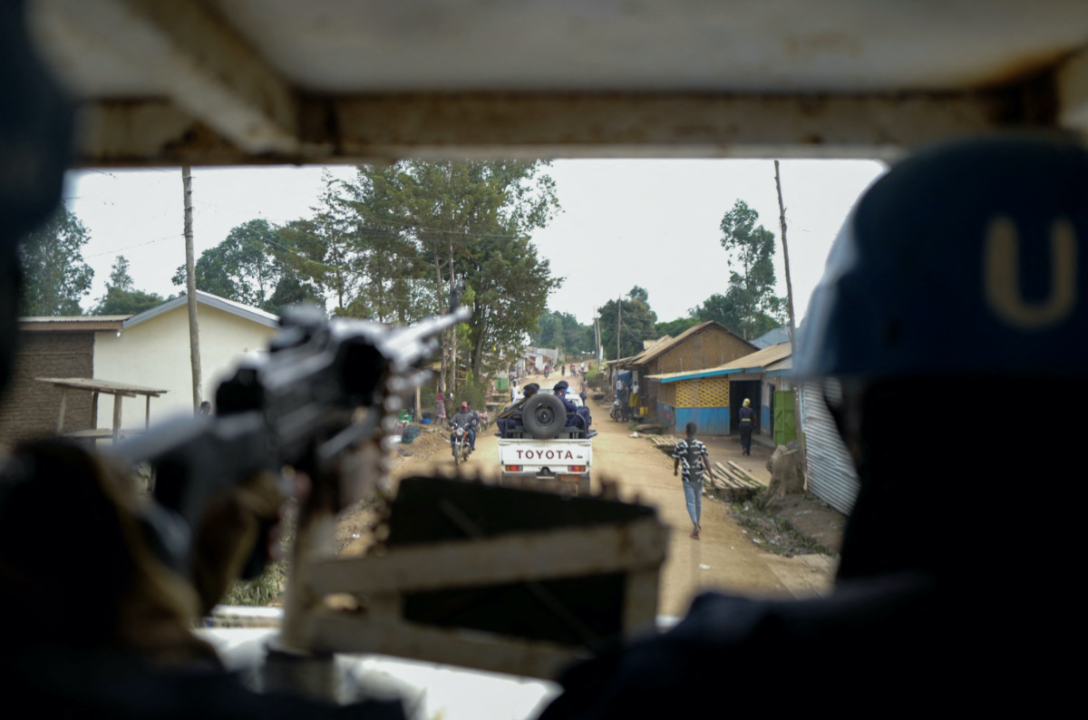 United Nations Organization Stabilization Mission in the Democratic Republic of the Congo peacekeepers patrol towards the Kigonze camp for the internally displaced people in Bunia, Ituri province of the Democratic Republic of Congo March 2, 2023. 