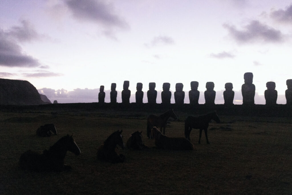 FILE PHOTO: Horses graze next to the the Moais at Ahu Tongariki archaeological site in Rapa Nui, Easter Island, Chile November 15, 2022. REUTERS/Pablo Sanhueza