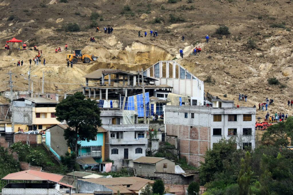 View of the site of a landslide triggered by heavy rains, during rescue operations, in Alausi, Ecuador, on 28th March, 2023.