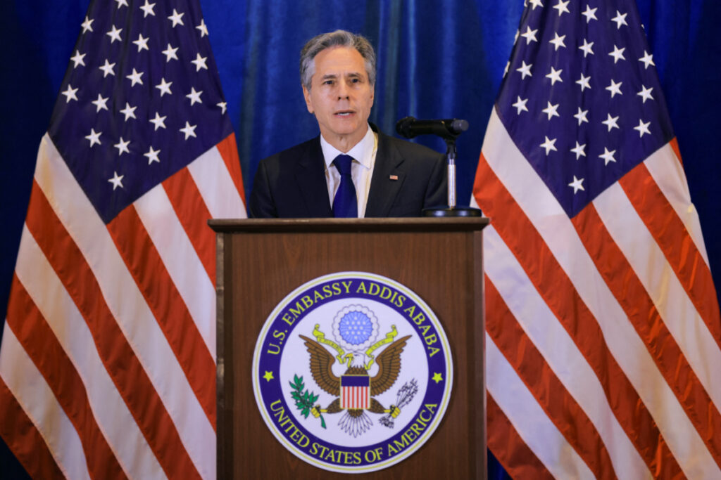 FILE PHOTO: U.S. Secretary of State Antony Blinken attends a news conference during his visit to Ethiopia, in Addis Ababa, Ethiopia March 15, 2023. REUTERS/Tiksa Negeri/Pool