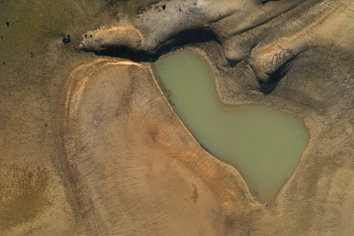 A view shows a part of the partially dry Lake Montbel at the foot of the Pyrenees Mountains as France faces records winter dry spell raising fears of another summer of droughts and water restrictions, on 13th March, 2023.