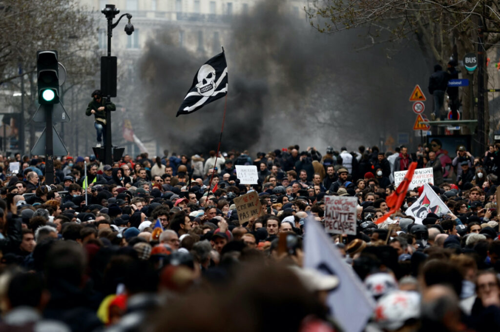Protesters attend a demonstration during the ninth day of nationwide strikes and protests against French government's pension reform, in Paris, France, on 23rd March, 2023.