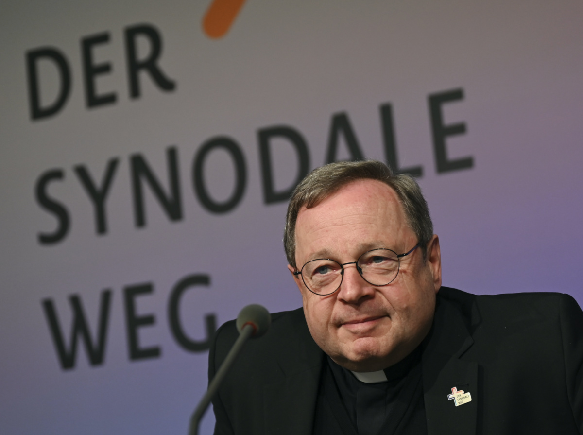 Georg Baetzing, Bishop of Limburg and President of the German Bishops' Conference, arrives for a press conference prior of a meeting of synodal assembly in Frankfurt, Germany, Thursday, March 9, 2023. (Arne Dedert/dpa via AP)