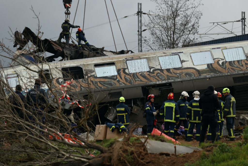Rescuers operate at the site of a crash, where two trains collided, near the city of Larissa, Greece, March 1, 2023.