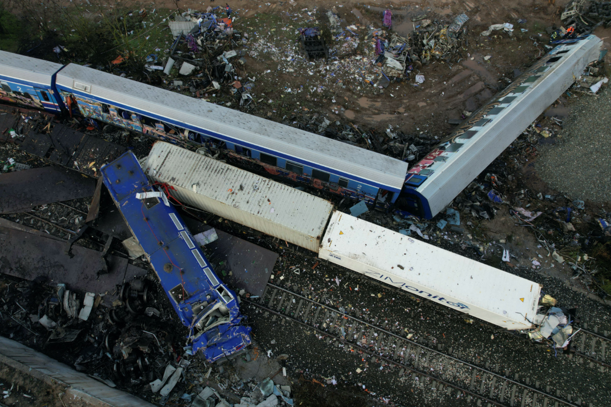 Destroyed carriages are seen on the site of a crash, where two trains collided, near the city of Larissa, Greece, March 3, 2023. 
