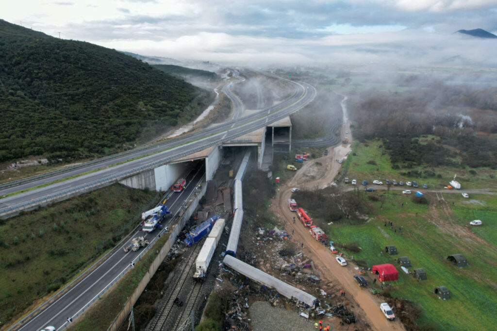 Rescuers operate on the site of a crash, where two trains collided, near the city of Larissa, Greece, March 3, 2023.