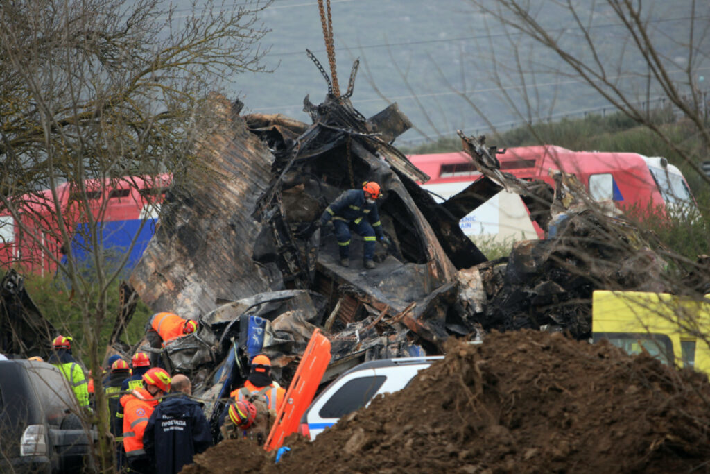 Rescuers operate on the site of a crash, where two trains collided, near the city of Larissa, Greece, March 2, 2023.