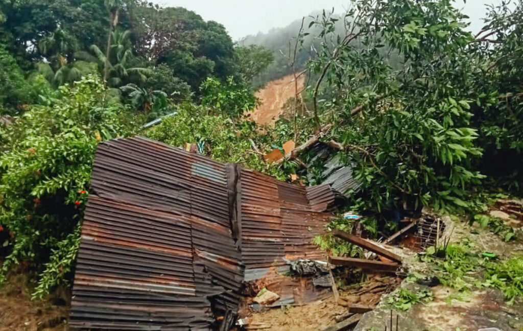 A view of a damaged house that was affected by a landslide in Natuna, Riau islands province, Indonesia, March 6, 2023, in this photo taken by Antara Foto. Antara Foto/HO-Koramil 06/via REUTER