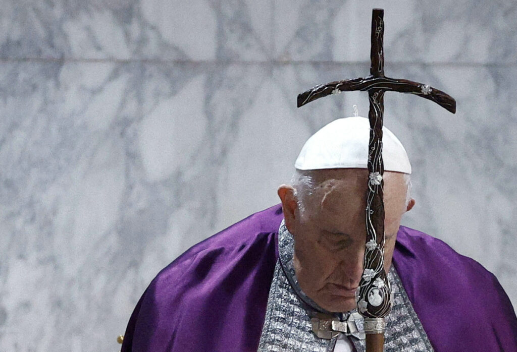 Pope Francis attends the Ash Wednesday mass at the Santa Sabina Basilica in Rome, Italy, February 22, 2023.