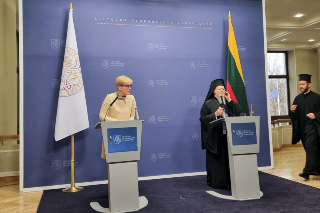 Lithuanian Prime Minister Ingrida Simonyte and Constantinople Ecumenical Patriarch Bartholomew attend a meeting in the Lithuanian cabinet’s office in Vilnius, Lithuania, on 21st March, 2023.