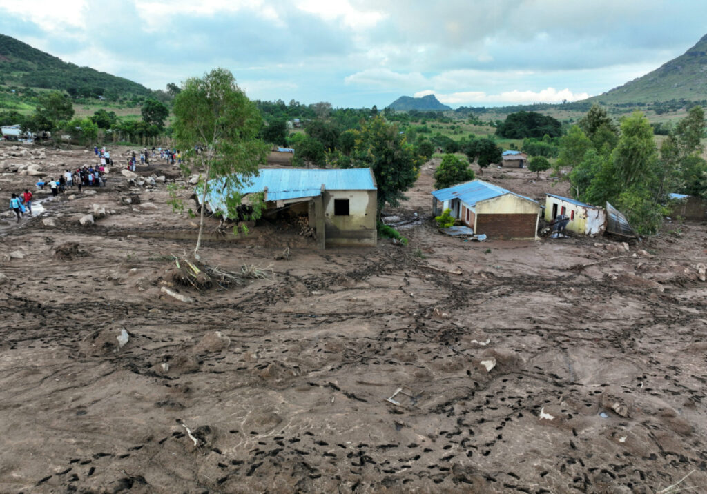 A drone image of Mtauchira village show the destruction caused by a mudslide in the aftermath of Cyclone Freddy in Blantyre, Malawi, March 16, 2023. REUTERS/Esa Alexander