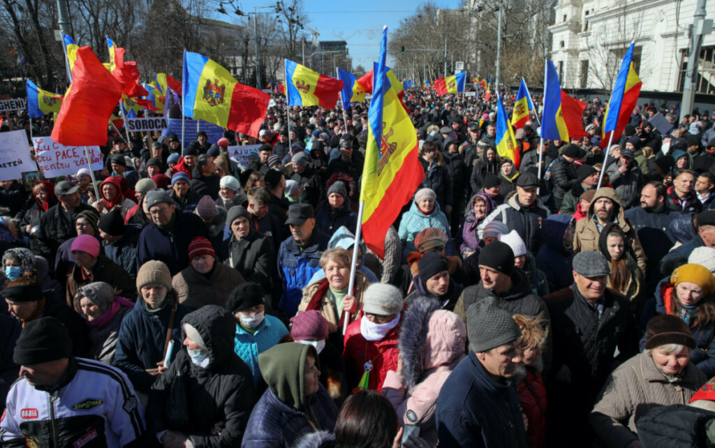 Participants protest against the recent countrywide increase of power rates and prices during an anti-government rally, which is organised by opposition political movements including the Russia-friendly party Shor, in Chisinau, Moldova, March 12, 2023.