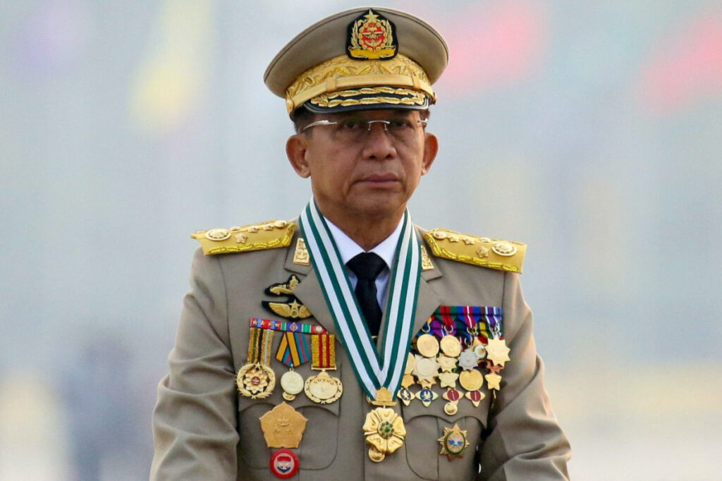 Myanmar's junta chief Senior General Min Aung Hlaing, who ousted the elected government in a coup on February 1, presides at an army parade on Armed Forces Day in Naypyitaw, Myanmar, on 27th March, 2021.
