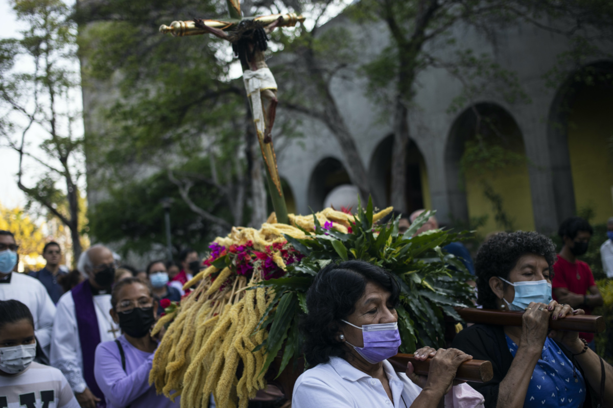 Catholics take part in a reenactment of the Stations of the Cross during the Lenten season at the Metropolitan Cathedral in Managua, Nicaragua, on Friday, 17th March, 2023.