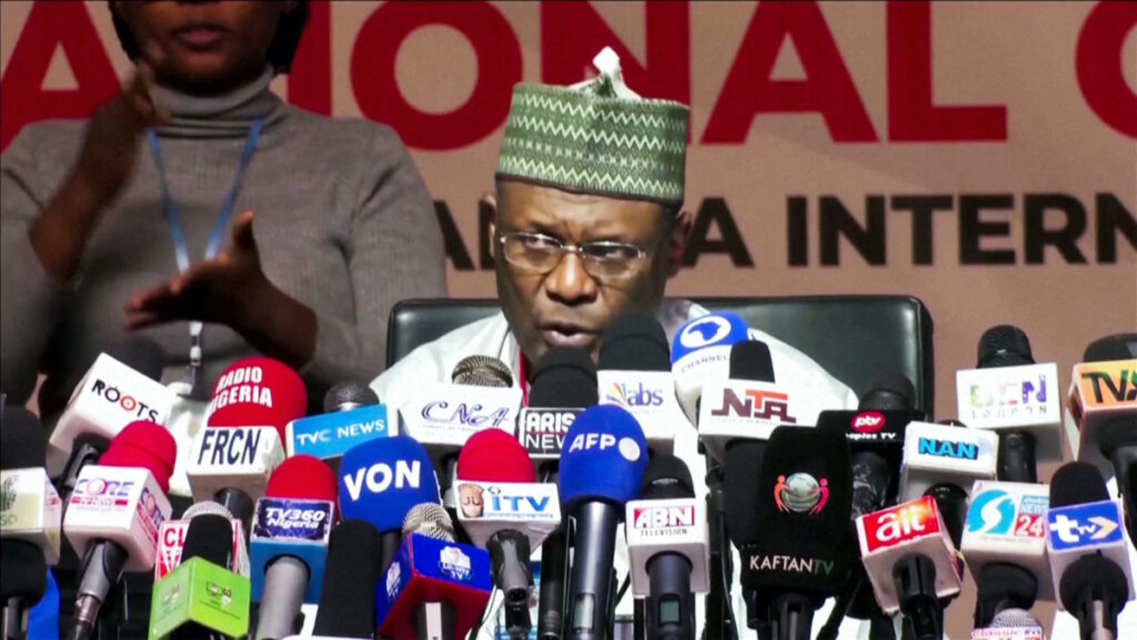 FILE PHOTO: Independent National Election Commission (INEC) Chairman Mahmood Yakubu declares Nigeria's ruling party candidate Bola Tinubu the winner of the presidential election, in Abuja, Nigeria March 1, 2023 in this still image taken from video. REUTERS/via Reuters TV