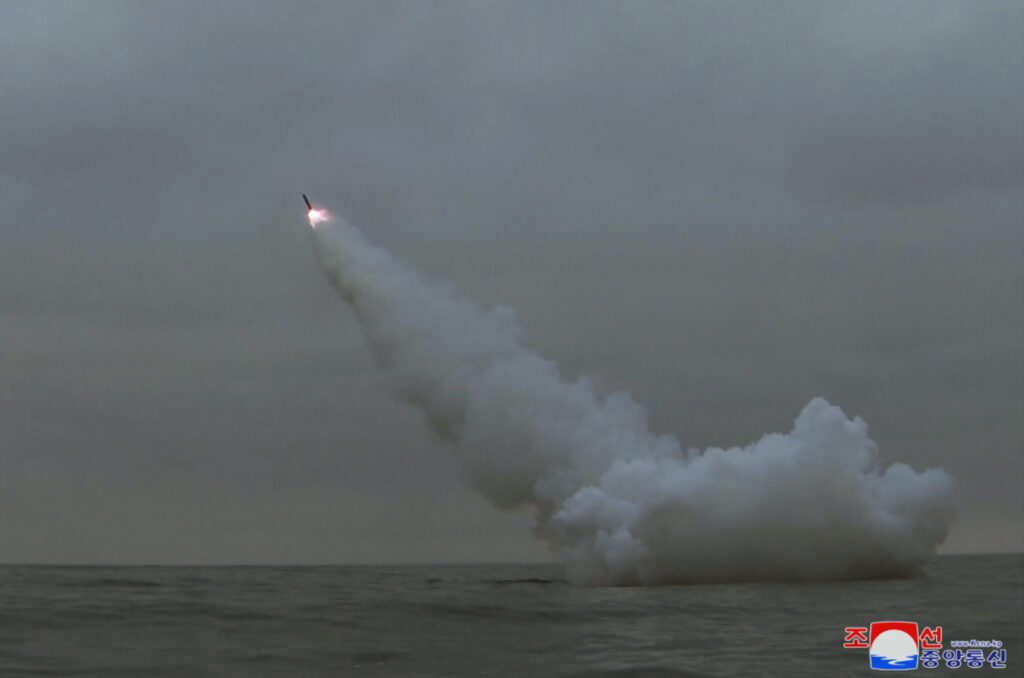 A general view as North Korea fired two missiles from a submarine striking an underwater target, according to state media, at an undisclosed location in North Korea March 12, 2023 in this photo released by North Korea's Korean Central News Agency