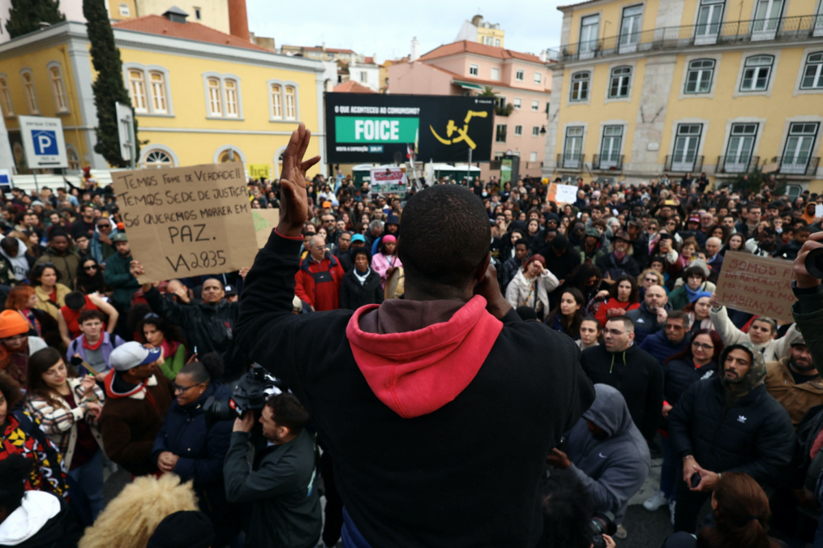A person addresses the protesters, during a demonstration against the cost of living in Lisbon, Portugal, on 25th February, 2023.