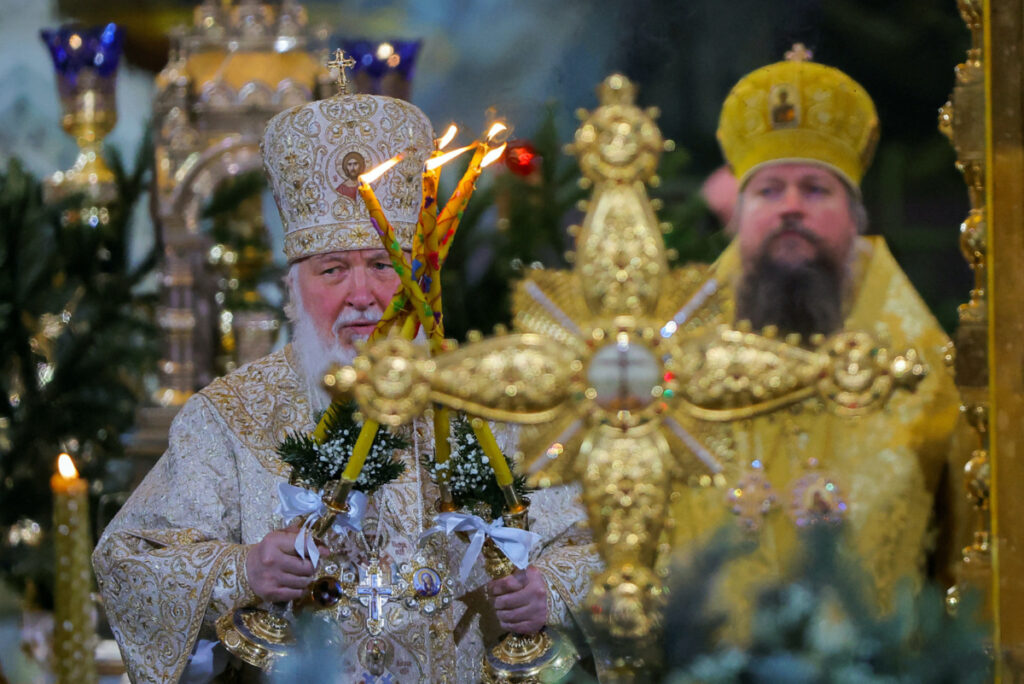 Patriarch Kirill of Moscow and All Russia conducts the Orthodox Christmas service at the Cathedral of Christ the Saviour in Moscow, Russia, January 7, 2023.