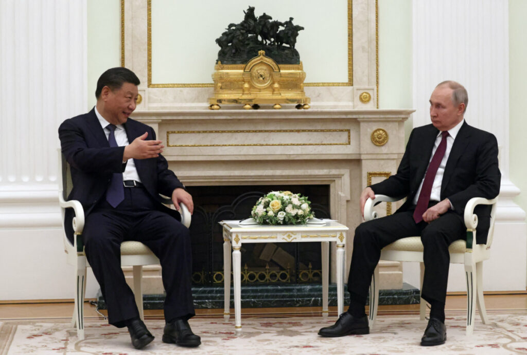 Russian President Vladimir Putin and Chinese President Xi Jinping attend a meeting at the Kremlin in Moscow, Russia, March 20, 2023.