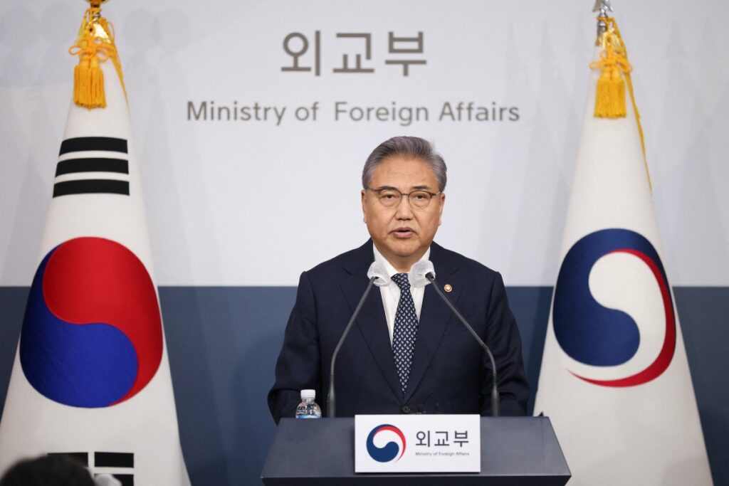 South Korean Foreign Minister Park Jin speaks during a briefing announcing a plan on Monday to resolve a dispute over compensating people forced to work under Japan's 1910-1945 occupation of Korea, at the Foreign Ministry in Seoul, South Korea, March 6, 2023. REUTERS/Kim Hong-Ji/Pool