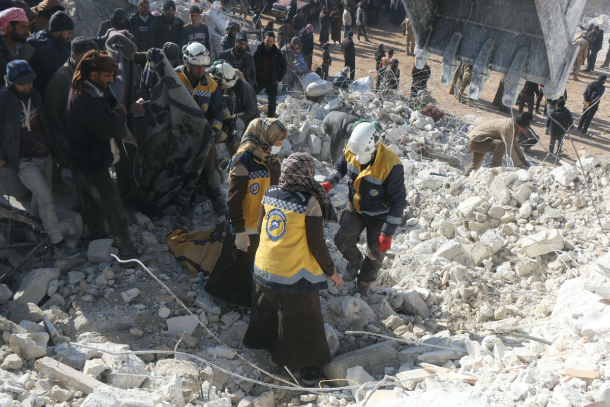 Salam Mahmoud, a volunteer at the Syria Civil Defence, takes part in the rescue operation following the earthquake, in Idlib province, Syria February 7, 2023.  