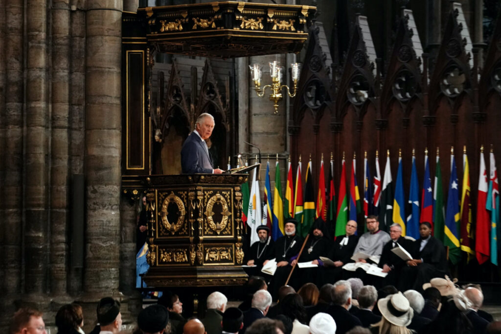 Britain's King Charles speaks at the annual Commonwealth Day Service at Westminster Abbey in London, Britain. Picture date: Monday March 13, 2023. Jordan Pettitt/Pool via REUTERS