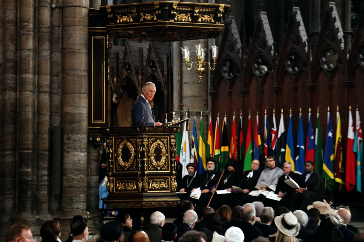 Britain's King Charles speaks at the annual Commonwealth Day Service at Westminster Abbey in London, Britain. Picture date: Monday March 13, 2023.  Jordan Pettitt/Pool via REUTERS