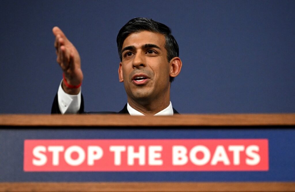 British Prime Minister Rishi Sunak speaks during a press conference following the launch of new legislation on migrant channel crossings at Downing Street on March 7, 2023 in London, United Kingdom. Leon Neal/Pool via REUTERS