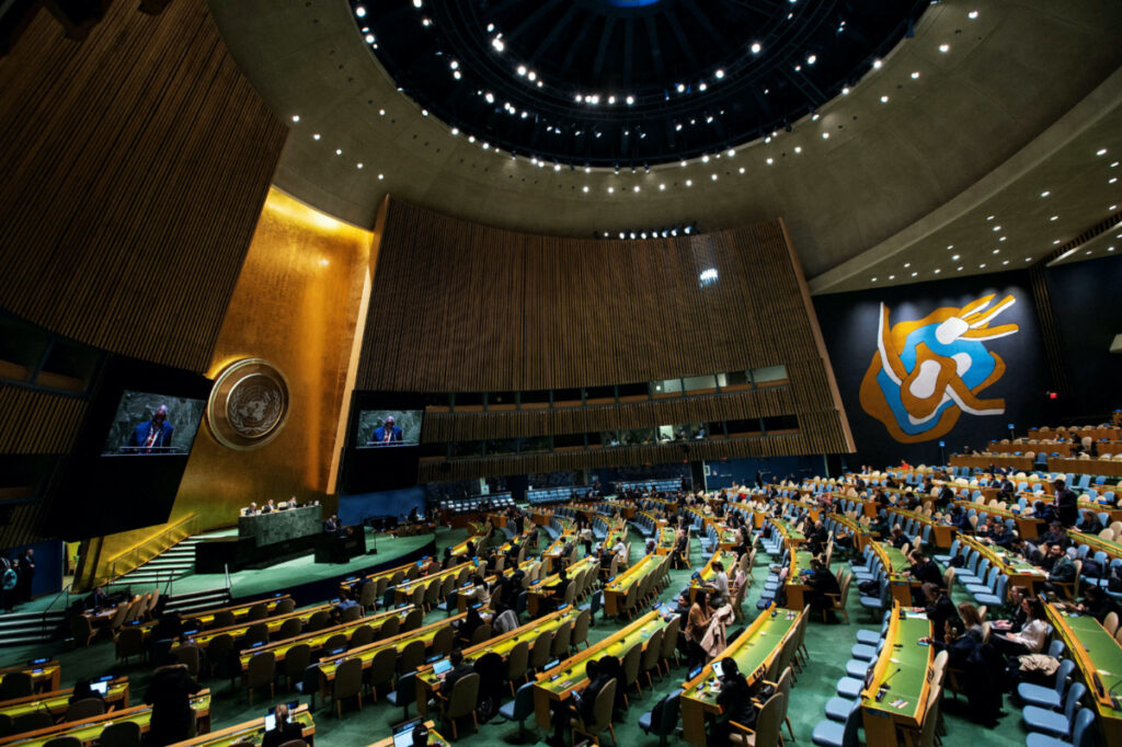 Alatoi Ishmael Kalsakau, Prime Minister of Vanuatu, addresses to delegates during a general assembly to vote on whether to ask top global court to issue opinion on climate responsibility at United Nations Headquarters in New York City, US, on 29th March, 2023.