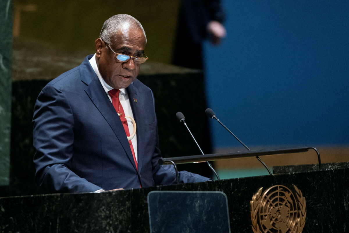 Alatoi Ishmael Kalsakau, Prime Minister of Vanuatu, addresses to delegates during a general assembly to vote on whether to ask top global court to issue opinion on climate responsibility at United Nations Headquarters in New York City, US, on 26th March 2023. 