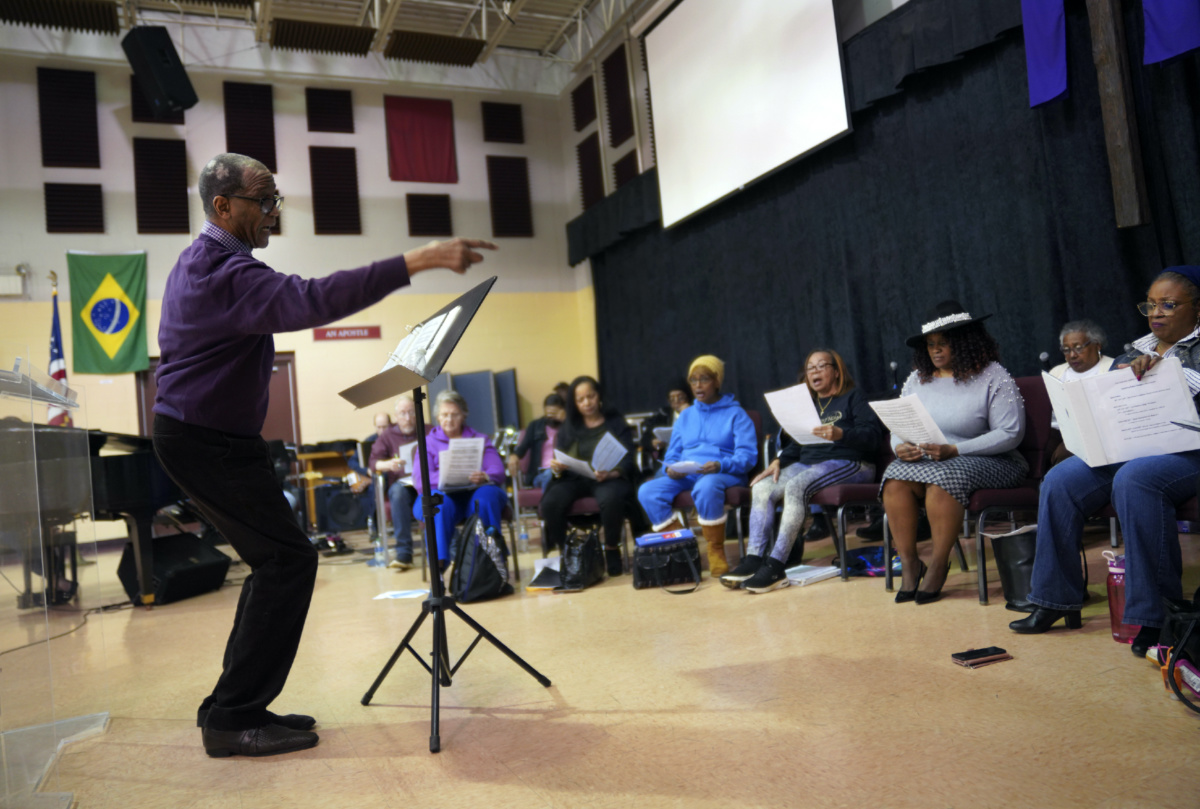 Herbert V.R.P. Jones, the founder and director of The Heritage Gospel Chorale of Pittsburgh leads rehearsal at Bethany Baptist Church for an upcoming concert honoring the late gospel composer, musician and publisher, Charles Henry Pace, on Monday, 6th March, 2023, in Pittsburgh.