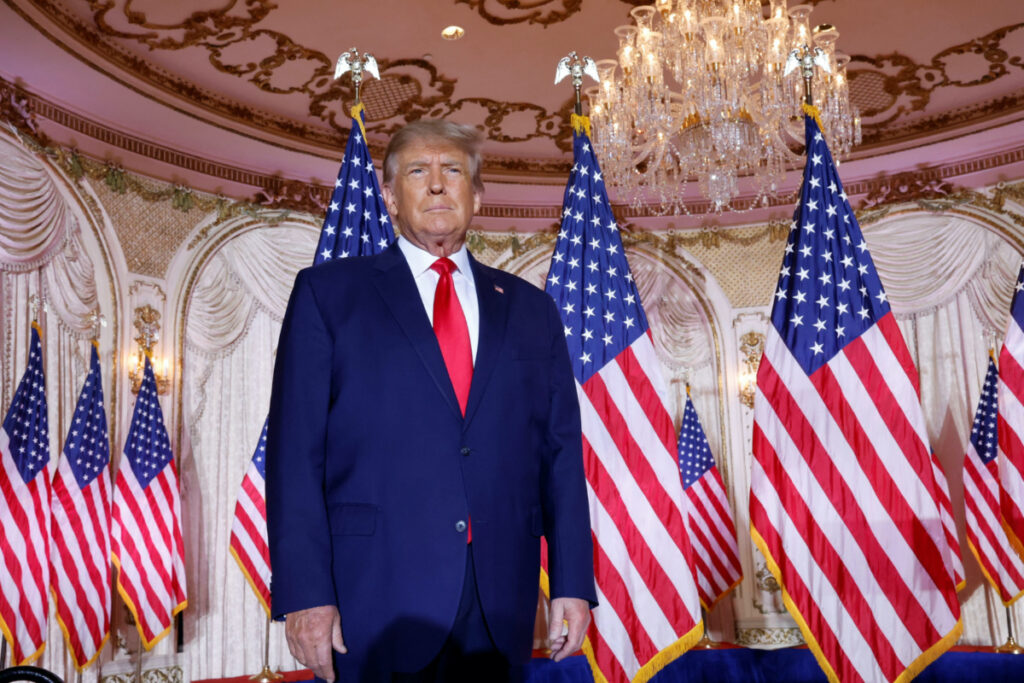 FILE PHOTO: Former U.S. President Donald Trump arrives onstage to announce that he will once again run for U.S. president in the 2024 U.S. presidential election, during an event at his Mar-a-Lago estate in Palm Beach, Florida, U.S. November 15, 2022. REUTERS/Jonathan Ernst
