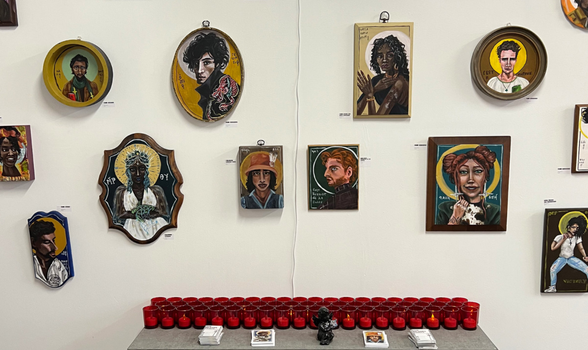 A variety of modern saints icons hand-painted by Gracie Morbitzer adorn the walls of the artist's Columbus, Ohio, studio on Feb. 27, 2023. RNS photo by Kathryn Post